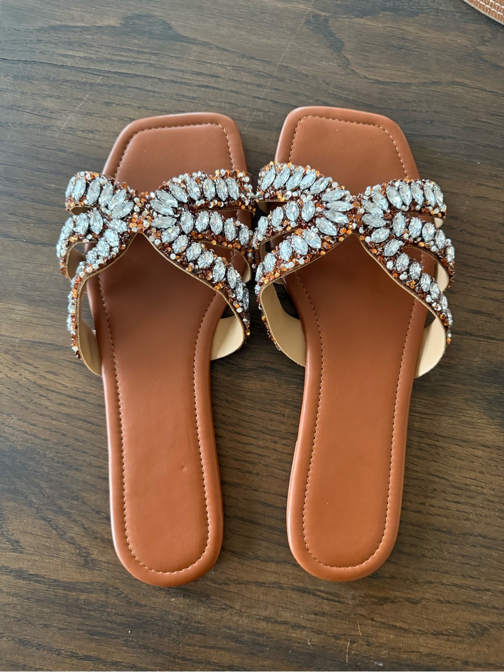 Embellished Brown Slide Sandals with Crystal Straps